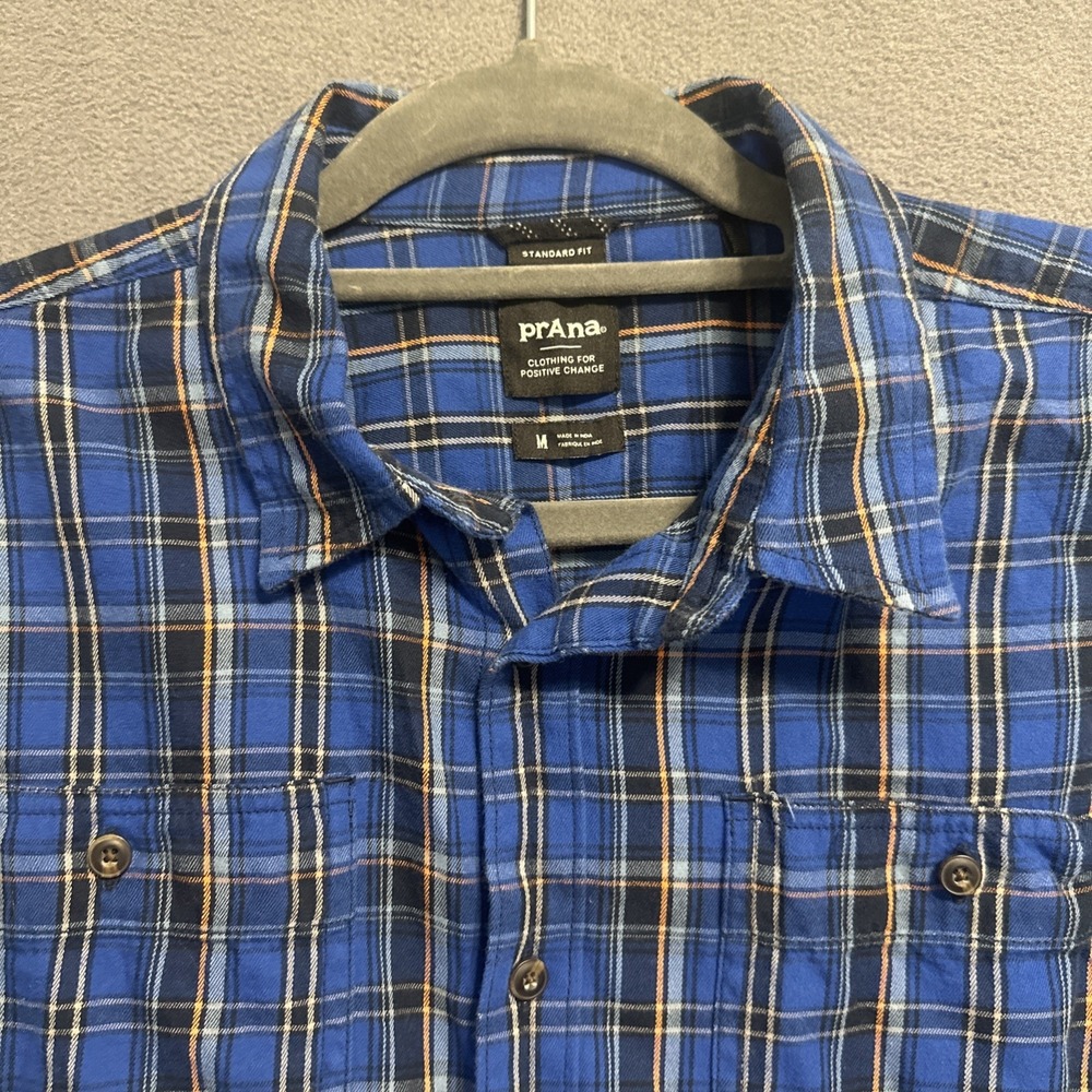 Prana Dolberg Flannel Shirt Mens M Blue Plaid Organic Cotton Outdoor 1964361